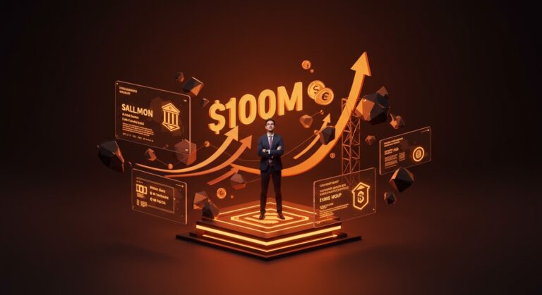 Líder fintech en LATAM frente a gráficos digitales de funding híbrido y licencias bancarias representando el financiamiento de Salmon Group.