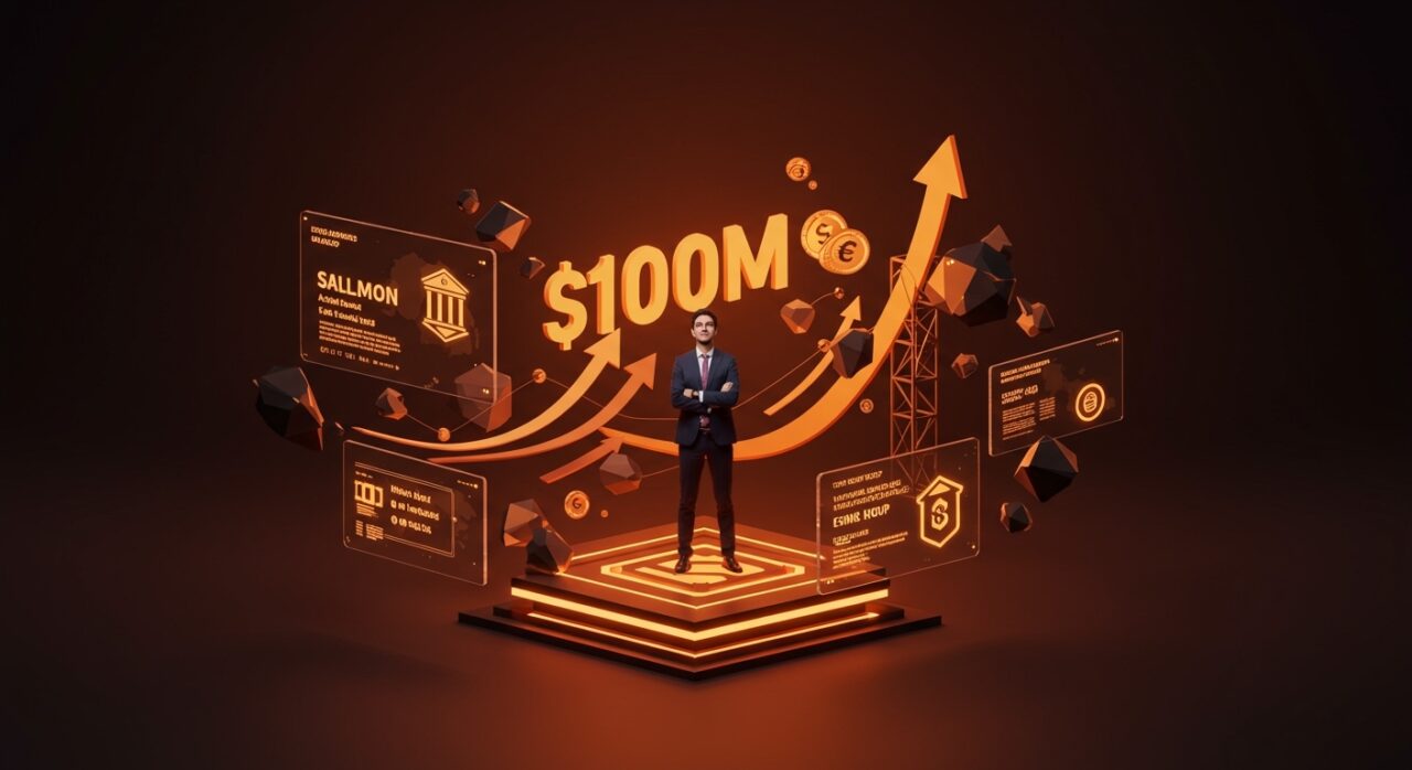 Líder fintech en LATAM frente a gráficos digitales de funding híbrido y licencias bancarias representando el financiamiento de Salmon Group.