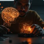 Fundador inmerso en la cuantificación extrema de transformers low-bit para optimización de IA eficiente, ilustrado con hologramas abstractos en paleta naranja y negro.