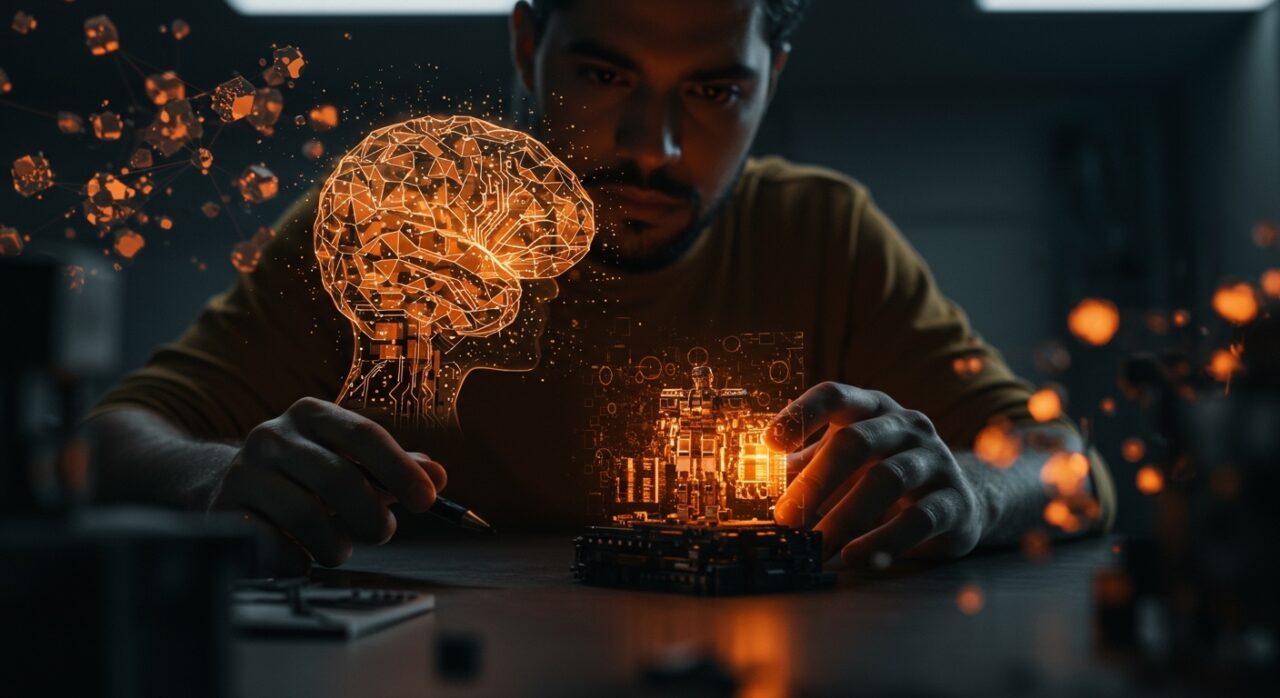 Fundador inmerso en la cuantificación extrema de transformers low-bit para optimización de IA eficiente, ilustrado con hologramas abstractos en paleta naranja y negro.