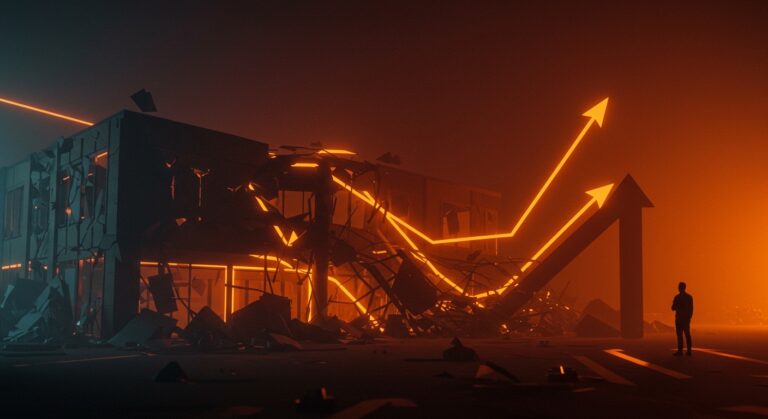 Colapso del Sampoong Department Store representado visualmente con metáforas de fallos estructurales y gestión de riesgos en startups tecnológicas.