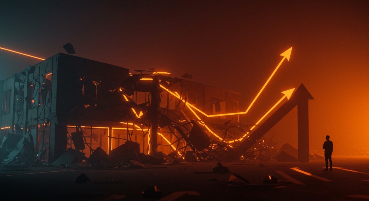 Colapso del Sampoong Department Store representado visualmente con metáforas de fallos estructurales y gestión de riesgos en startups tecnológicas.