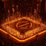 Primer plano de chip de 1nm Samsung con tecnología Fork Sheet y metáforas visuales de IA y competencia en semiconductores.