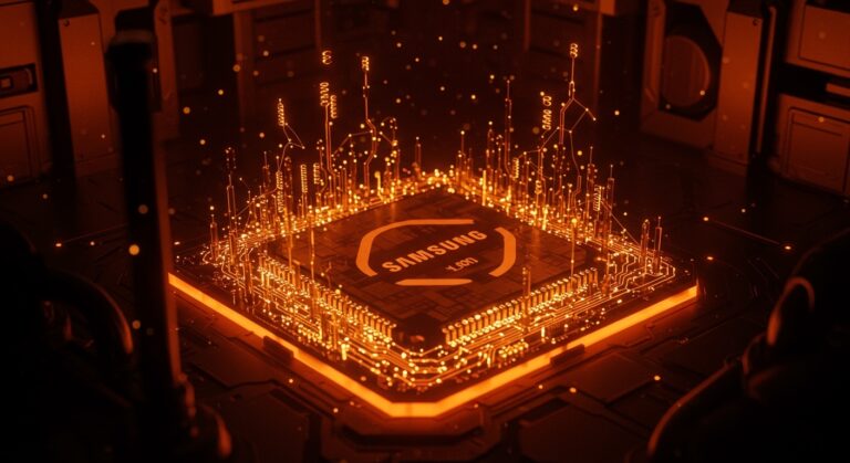 Primer plano de chip de 1nm Samsung con tecnología Fork Sheet y metáforas visuales de IA y competencia en semiconductores.