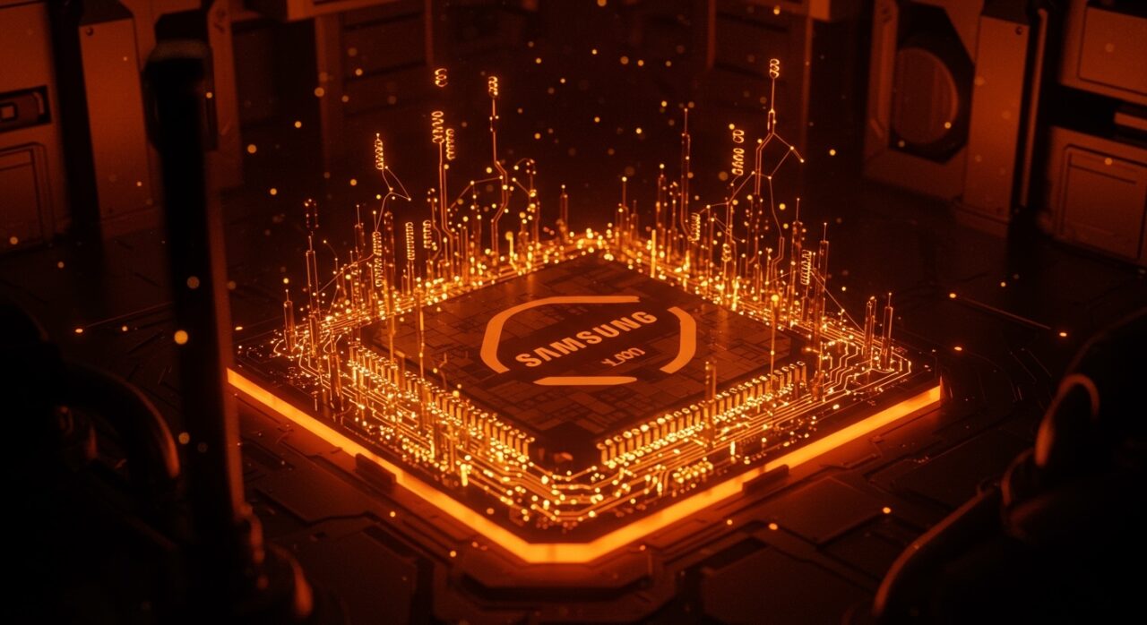 Primer plano de chip de 1nm Samsung con tecnología Fork Sheet y metáforas visuales de IA y competencia en semiconductores.