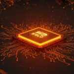 Chip semiconductor Samsung con iluminación en naranja y negro representando ganancias récord impulsadas por inteligencia artificial y tecnología HBM en 2026.