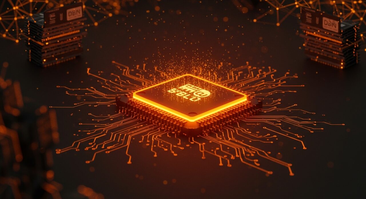 Chip semiconductor Samsung con iluminación en naranja y negro representando ganancias récord impulsadas por inteligencia artificial y tecnología HBM en 2026.