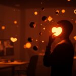 Fundador de startup inspirado en San Agustín sosteniendo una luz en forma de corazón que simboliza liderazgo con propósito y valores empresariales.