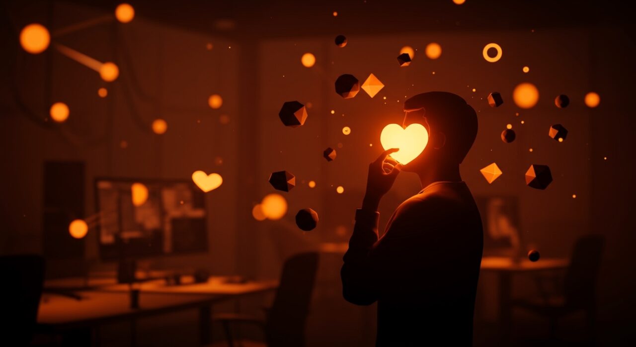 Fundador de startup inspirado en San Agustín sosteniendo una luz en forma de corazón que simboliza liderazgo con propósito y valores empresariales.