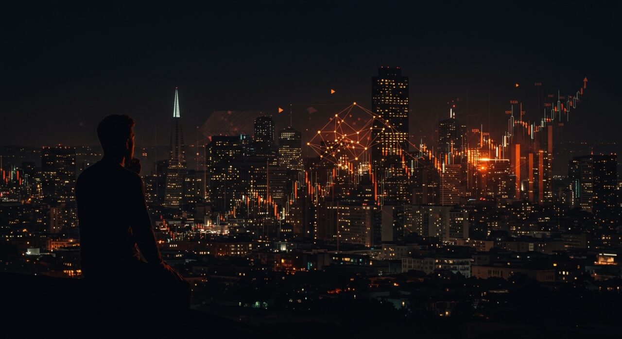 Silueta de fundador de startup con el ecosistema tecnológico de IA de San Francisco y representación visual del estancamiento económico.