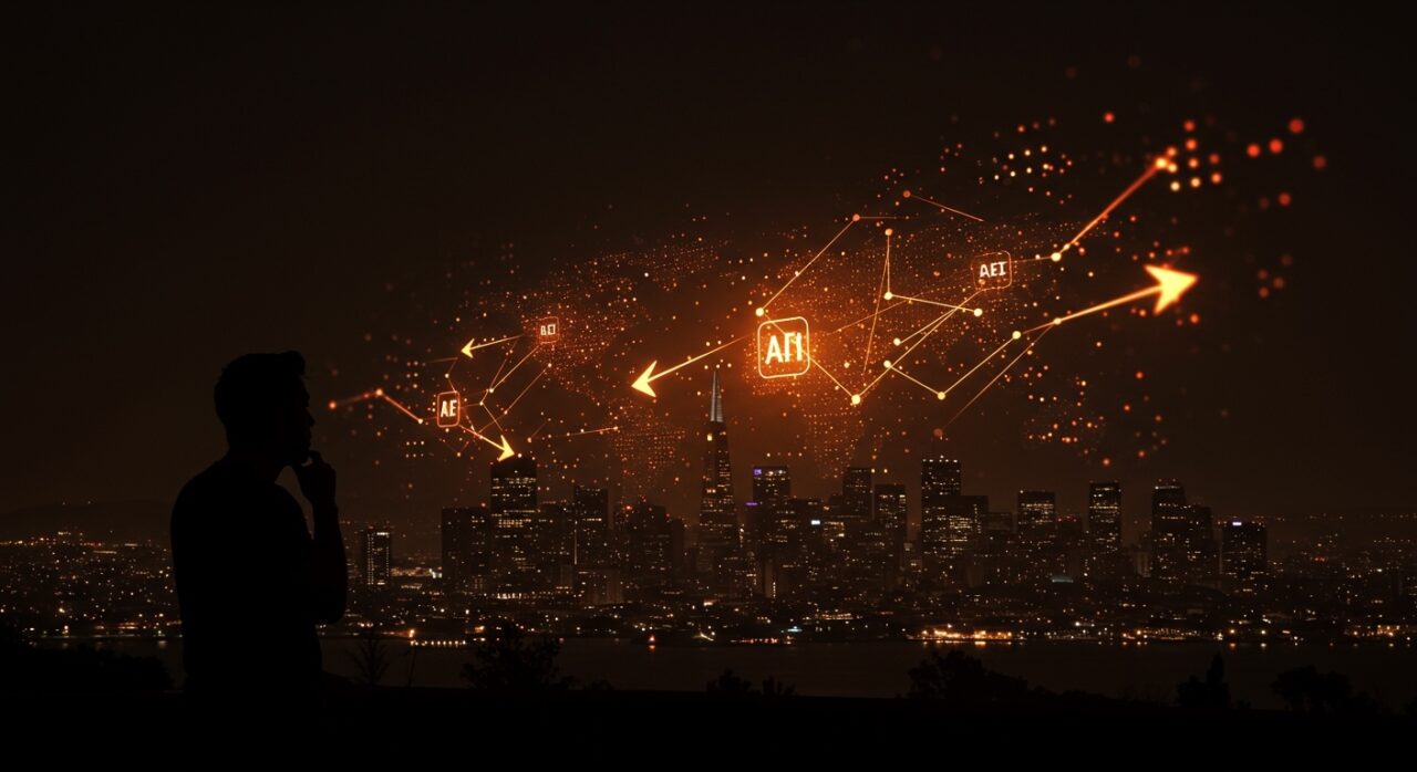 Fundador hispano contemplando el horizonte tecnológico de San Francisco con redes neuronales de IA y flujos de inversión de venture capital en un ecosistema startup.