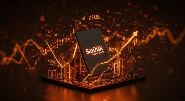 Chip de memoria Sandisk destacándose en un entorno urbano digital con gráficos ascendentes que representan su crecimiento en bolsa y lecciones para startups tecnológicas.