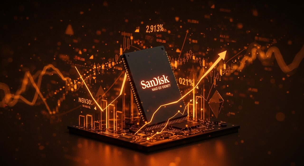 Chip de memoria Sandisk destacándose en un entorno urbano digital con gráficos ascendentes que representan su crecimiento en bolsa y lecciones para startups tecnológicas.