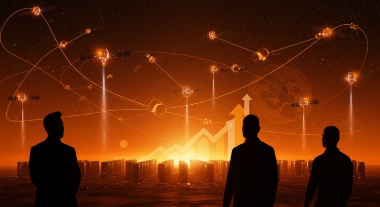 Elon Musk y Jeff Bezos con satélites y data centers conectados, ilustrando el futuro de la infraestructura de inteligencia artificial en tecnología espacial.