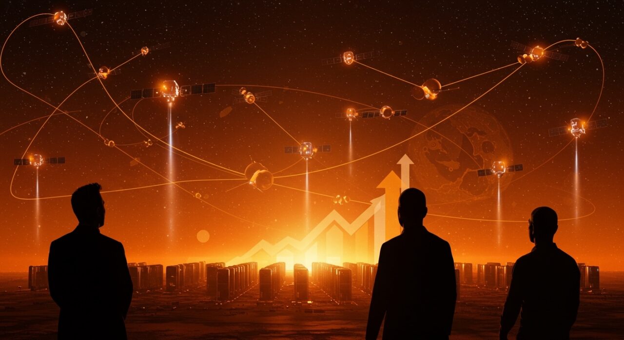 Elon Musk y Jeff Bezos con satélites y data centers conectados, ilustrando el futuro de la infraestructura de inteligencia artificial en tecnología espacial.