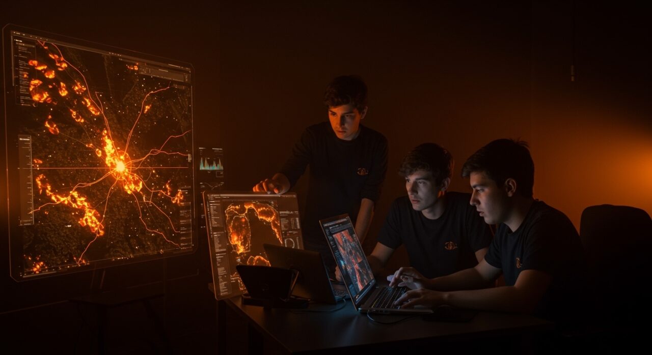 Tres jóvenes fundadores argentinos desarrollando tecnología satelital con IA para detección anticipada de incendios forestales, mostrando innovación y funding en LATAM.