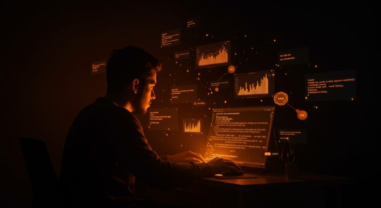 Programador utilizando hoja de cálculo en terminal para automatización avanzada con scripting Lua y visualización de datos.