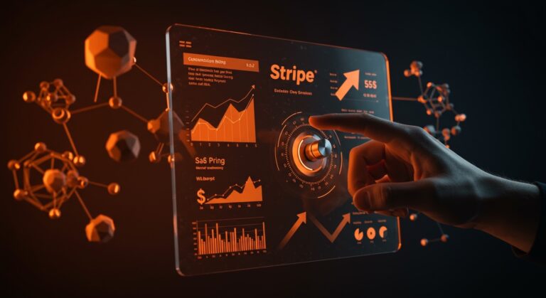Interfaz digital futurista con ajustes de pricing SaaS basado en IA para optimizar monetización junto a integración Stripe.