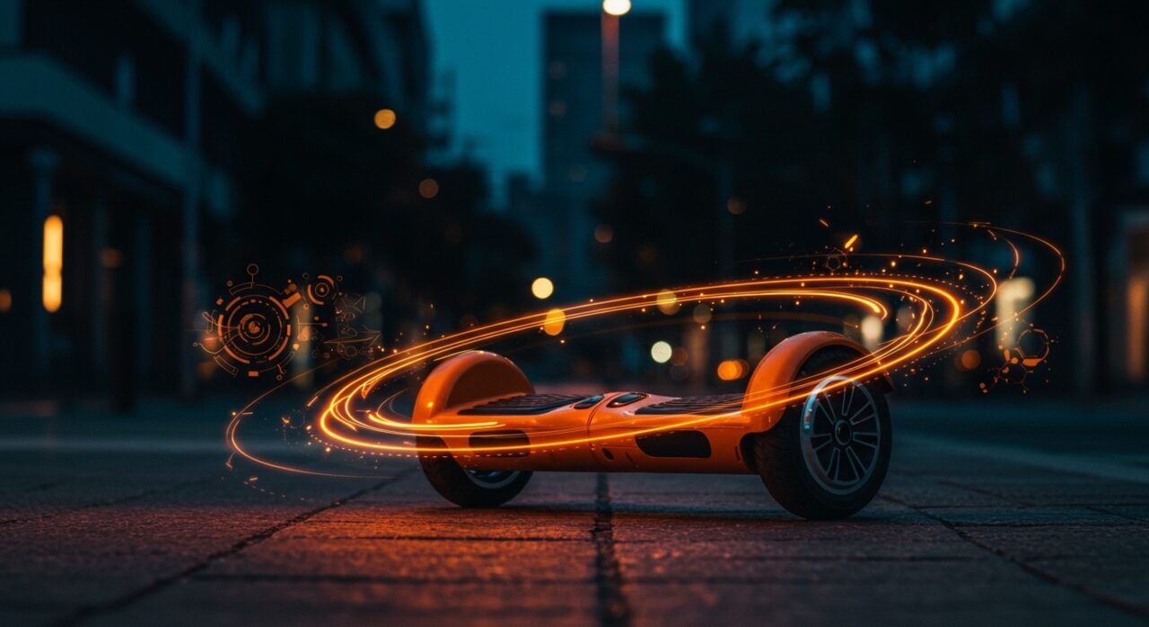 Scooter eléctrico autoequilibrado OMOWAY con tecnología giroscópica destacando innovación en movilidad eléctrica urbana.
