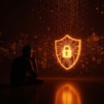 Founder reflexionando frente a un escudo digital cuántico que protege datos de startups con criptografía post-cuántica en un entorno tecnológico avanzado.