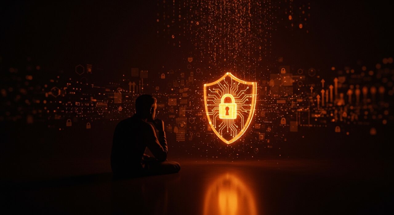 Founder reflexionando frente a un escudo digital cuántico que protege datos de startups con criptografía post-cuántica en un entorno tecnológico avanzado.