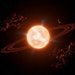 Estrella SDSS J0715-7334 más pristina del universo representada en una escena cósmica con metáforas científicas en paleta naranja y negro para artículo de astronomía y descubrimiento científico.