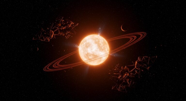 Estrella SDSS J0715-7334 más pristina del universo representada en una escena cósmica con metáforas científicas en paleta naranja y negro para artículo de astronomía y descubrimiento científico.