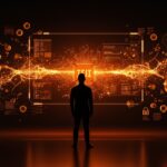 Líder de startup frente a interfaz digital que representa la seguridad IA y protección post-cuántica para empresas tecnológicas.