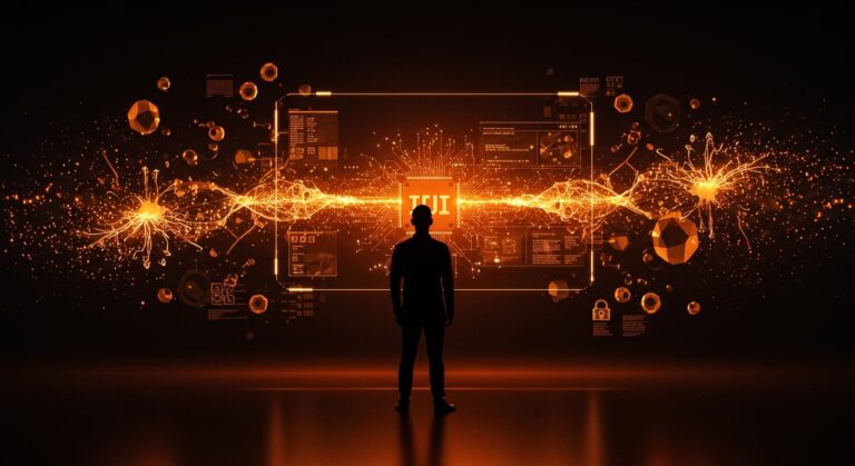 Líder de startup frente a interfaz digital que representa la seguridad IA y protección post-cuántica para empresas tecnológicas.