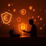Seguridad infantil digital en Europa representada con un emprendedor y símbolos tecnológicos de protección de datos y regulación.