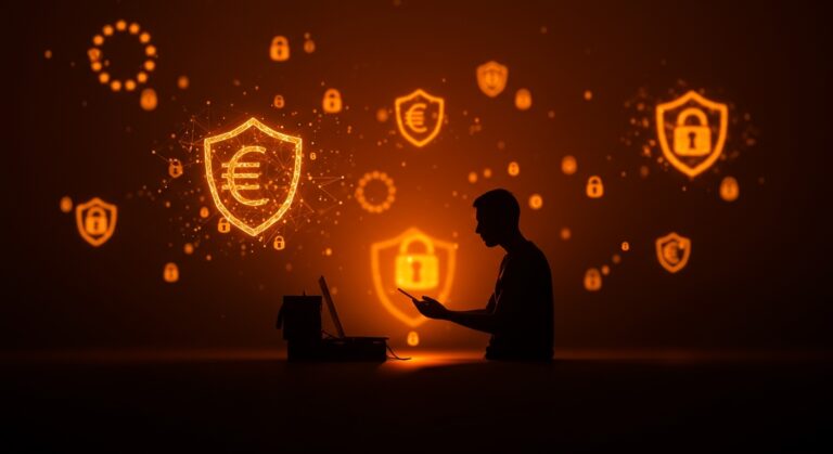 Seguridad infantil digital en Europa representada con un emprendedor y símbolos tecnológicos de protección de datos y regulación.