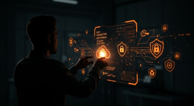 CTO analizando interfaces digitales de criptografía post-cuántica y seguridad cibernética avanzada para Cloudflare 2029.