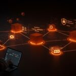 Seguridad supply chain en Rust representada por un desarrollador vigilando una red digital de crates protegida contra ataques y vulnerabilidades.