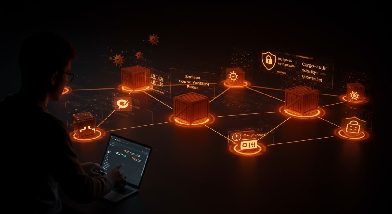 Seguridad supply chain en Rust representada por un desarrollador vigilando una red digital de crates protegida contra ataques y vulnerabilidades.
