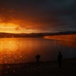 Embalse español casi lleno con figura vigilante, representando el riesgo de sequía estructural y la gestión hídrica en España 2026.