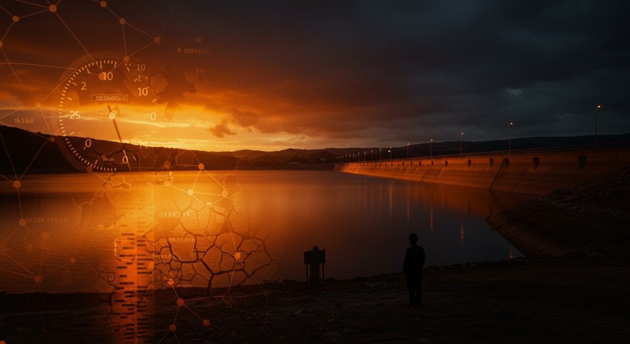 Embalse español casi lleno con figura vigilante, representando el riesgo de sequía estructural y la gestión hídrica en España 2026.