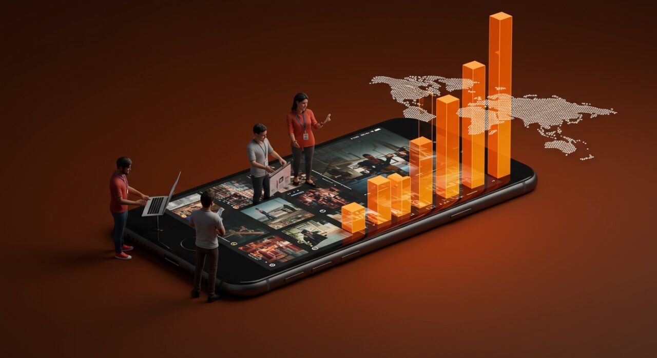 Dispositivo móvil mostrando series verticales y microdramas con fundadores hispanos colaborando, ilustrando la oportunidad de mercado en LATAM para contenido mobile-first.