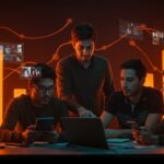 Fundadores tech hispanos colaborando en modelos mobile-first, representando el boom global de series verticales y oportunidades en LATAM.