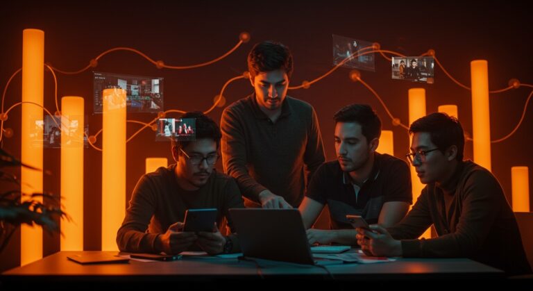 Fundadores tech hispanos colaborando en modelos mobile-first, representando el boom global de series verticales y oportunidades en LATAM.