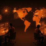 Emprendedores tech latinoamericanos colaborando con IA, automatización y nearshoring, destacando riesgos y oportunidades para service providers en LATAM 2026.