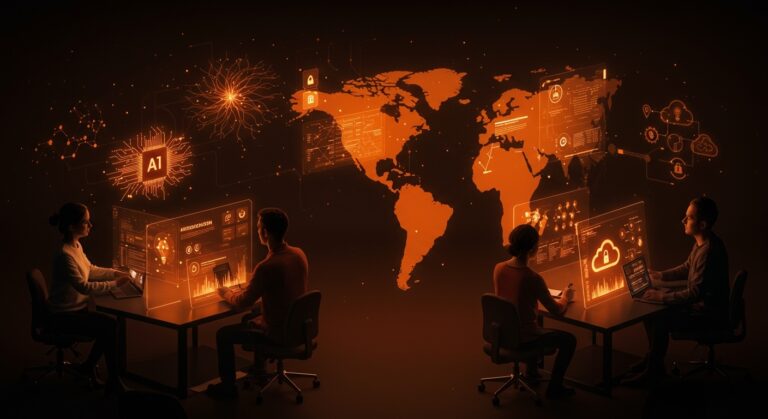 Emprendedores tech latinoamericanos colaborando con IA, automatización y nearshoring, destacando riesgos y oportunidades para service providers en LATAM 2026.