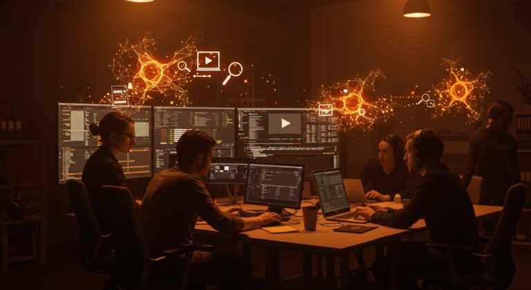Equipo creativo trabajando con búsqueda de video mediante inteligencia artificial para gestionar bibliotecas de contenido audiovisual.