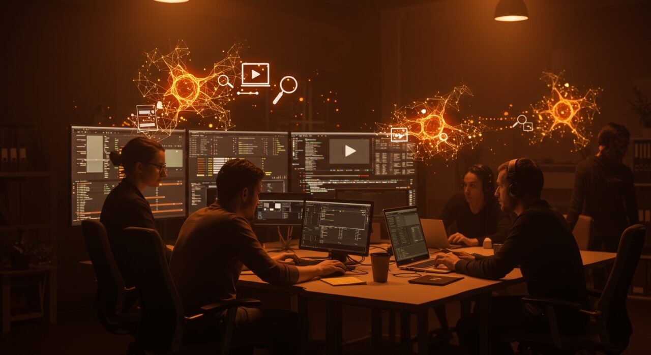 Equipo creativo trabajando con búsqueda de video mediante inteligencia artificial para gestionar bibliotecas de contenido audiovisual.