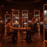 Fundadores argentinos colaborando en producción de series verticales con metáforas visuales de funding e innovación tecnológica.