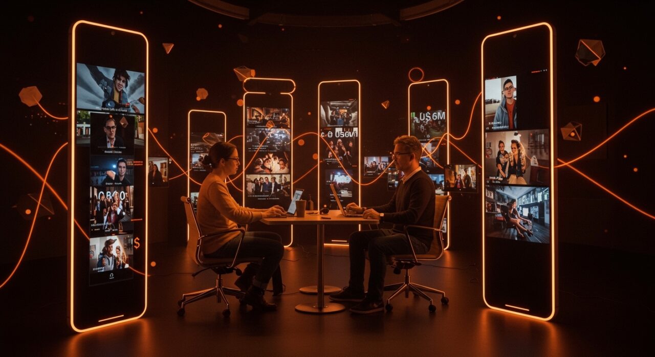 Fundadores argentinos colaborando en producción de series verticales con metáforas visuales de funding e innovación tecnológica.