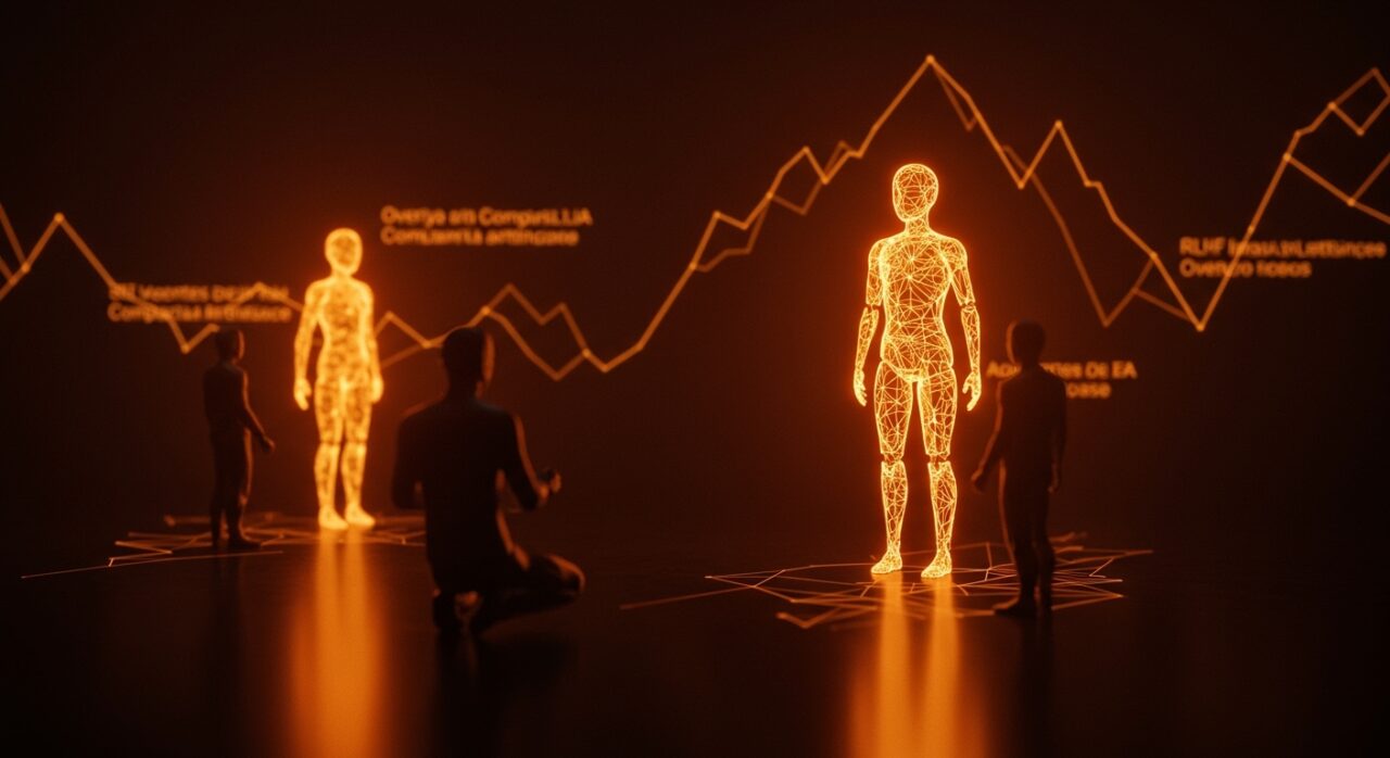 Representación visual de agentes de IA complacientes y sicofancia en inteligencia artificial afectando la precisión en los negocios.