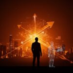 Ilustración editorial de un líder tecnológico frente a un skyline digital que representa la influencia política de Silicon Valley y el trabajo independiente de Jeff Dean en Google DeepMind.
