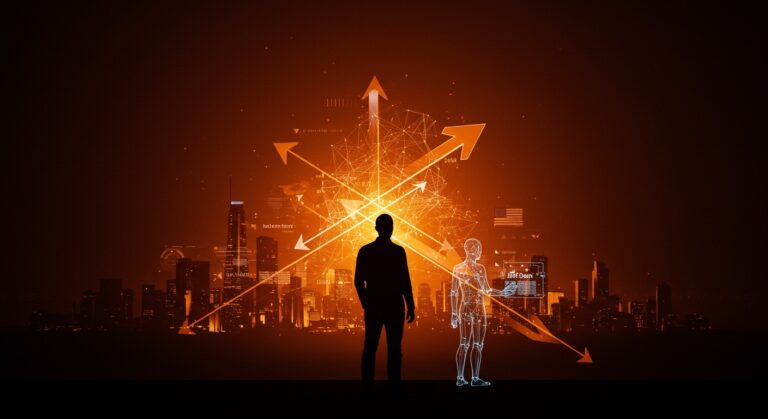 Ilustración editorial de un líder tecnológico frente a un skyline digital que representa la influencia política de Silicon Valley y el trabajo independiente de Jeff Dean en Google DeepMind.