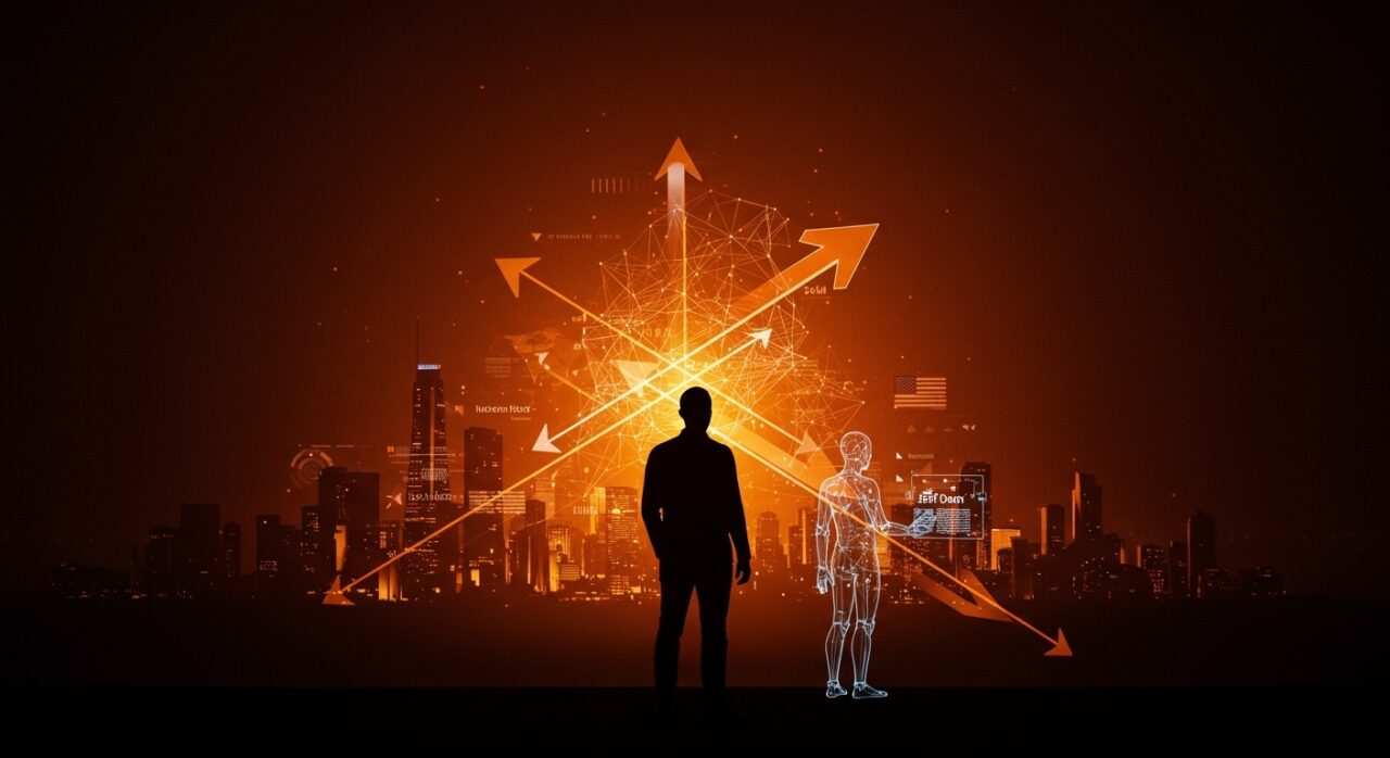 Ilustración editorial de un líder tecnológico frente a un skyline digital que representa la influencia política de Silicon Valley y el trabajo independiente de Jeff Dean en Google DeepMind.