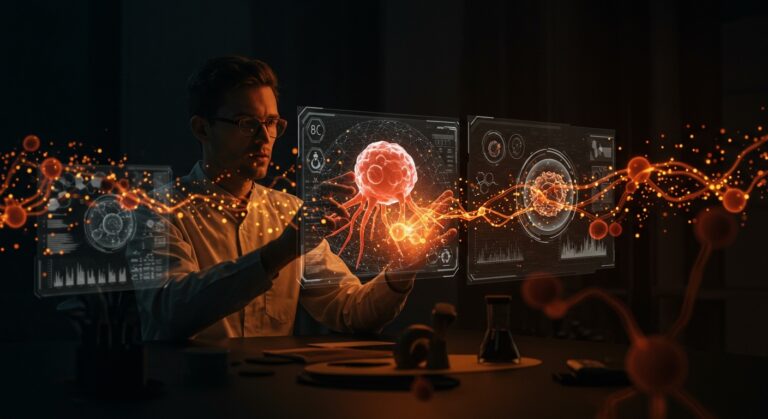 Simulación biológica e IA aplicada en terapias contra el cáncer con un fundador biotech y interfaces digitales innovadoras.
